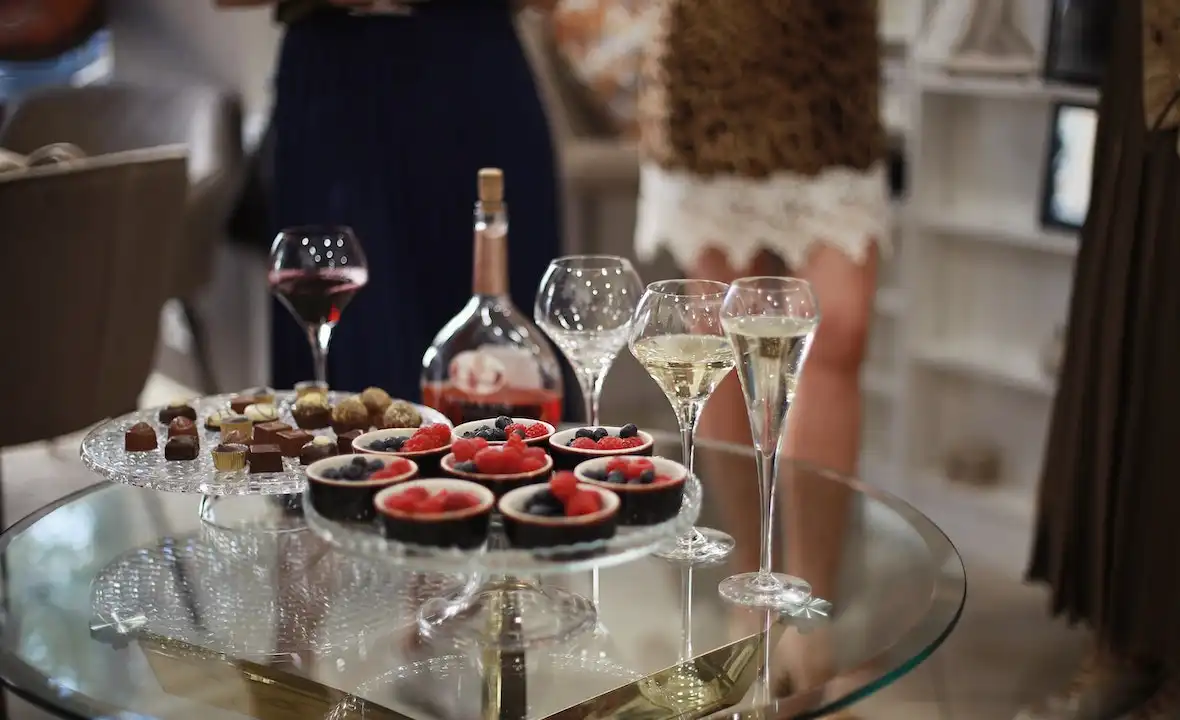 Wine and fruits served on a table in London